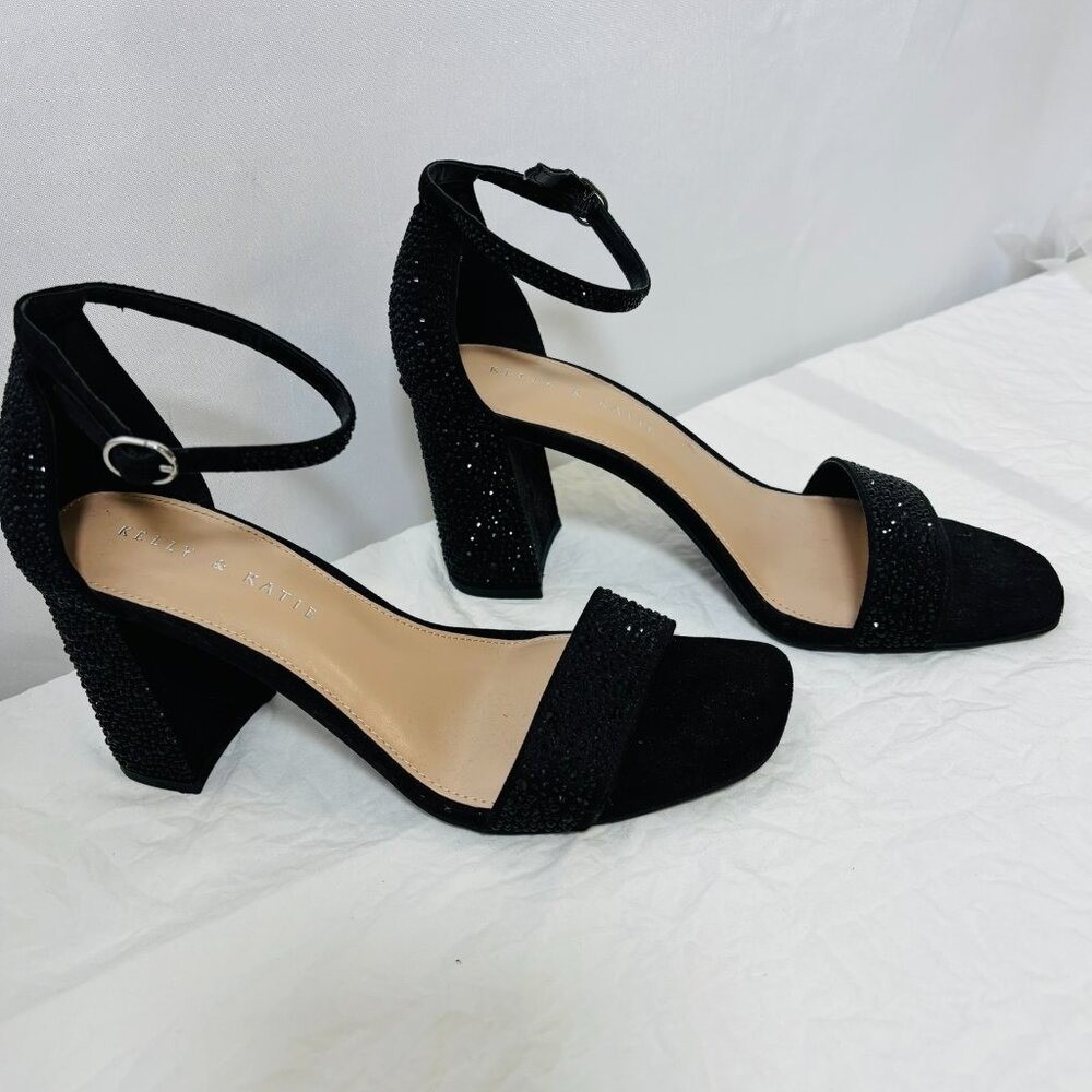 Kelly & Katie Caital Sandals Women 8.5 Black Rhinestone Block Heel Dress Shoes - Picture 4 of 7